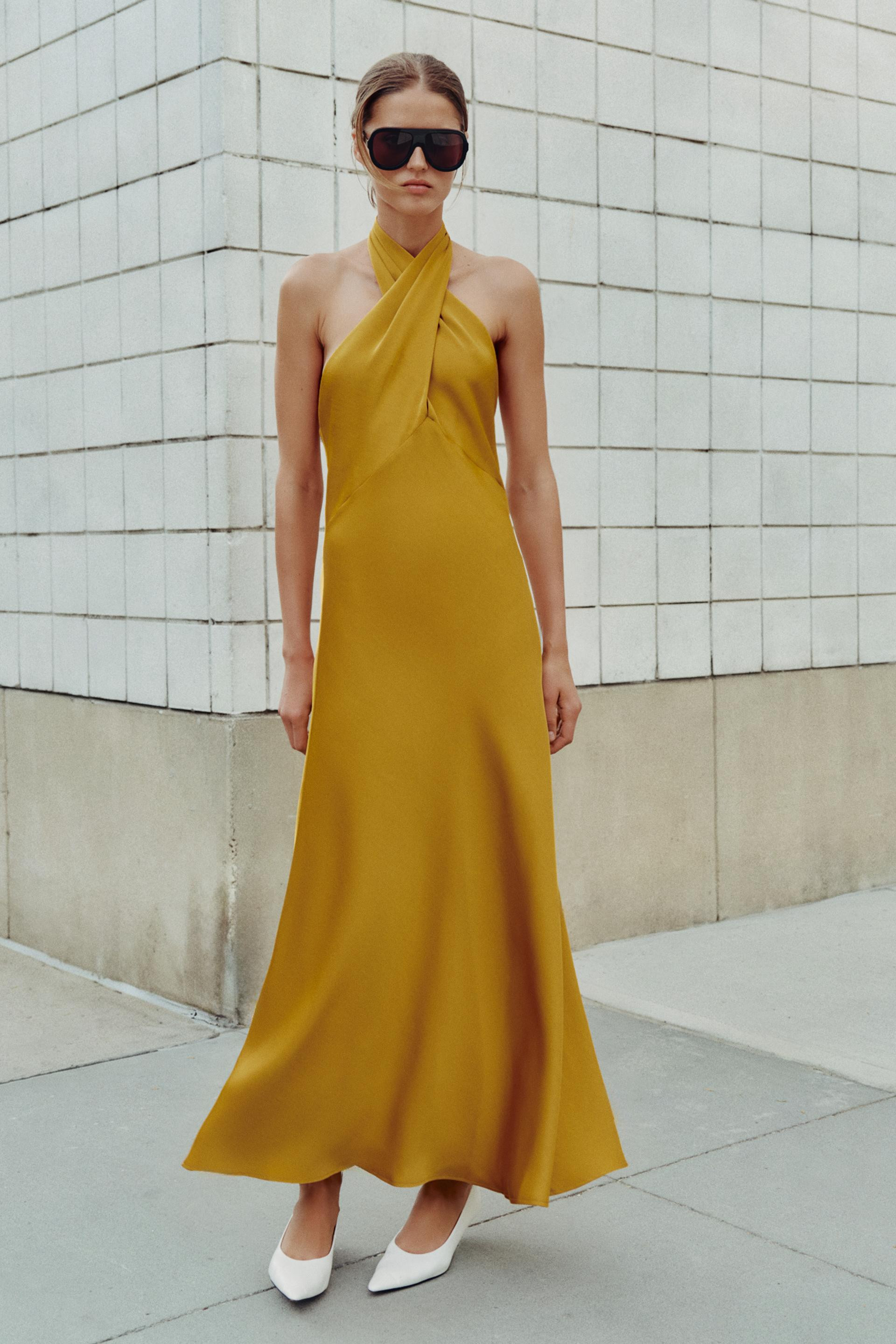 Zara - Satin Halter Midi Dress - Mustard - L - Woman | Zara US
