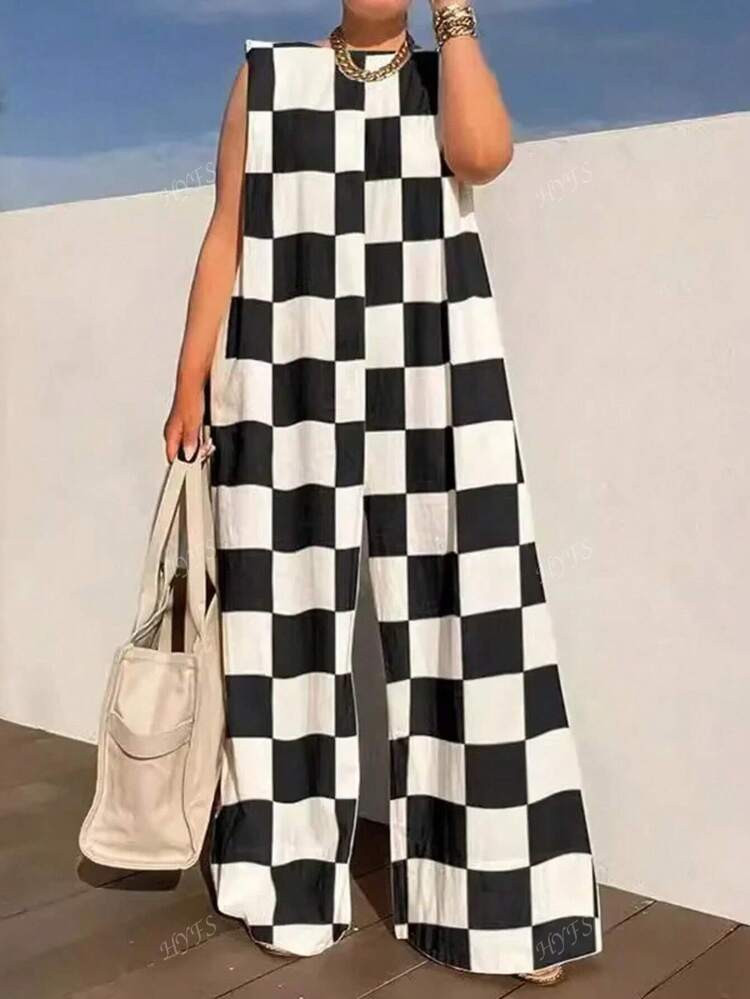 Women's Casual Colorblock Checkered Jumpsuit, Summer | SHEIN