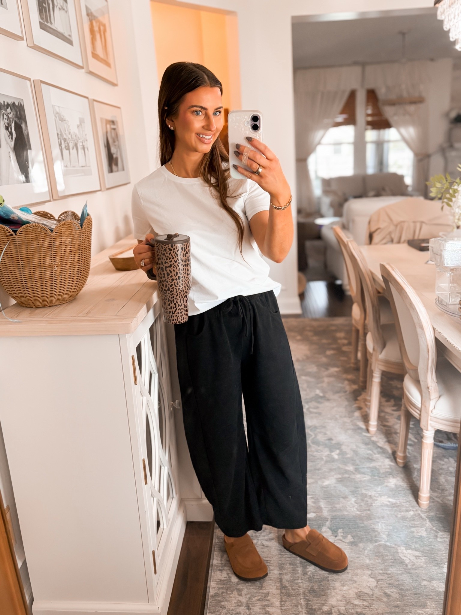 Black barrel sweatpants-small
White basic tee shirt-small 
Clog loafer shoes