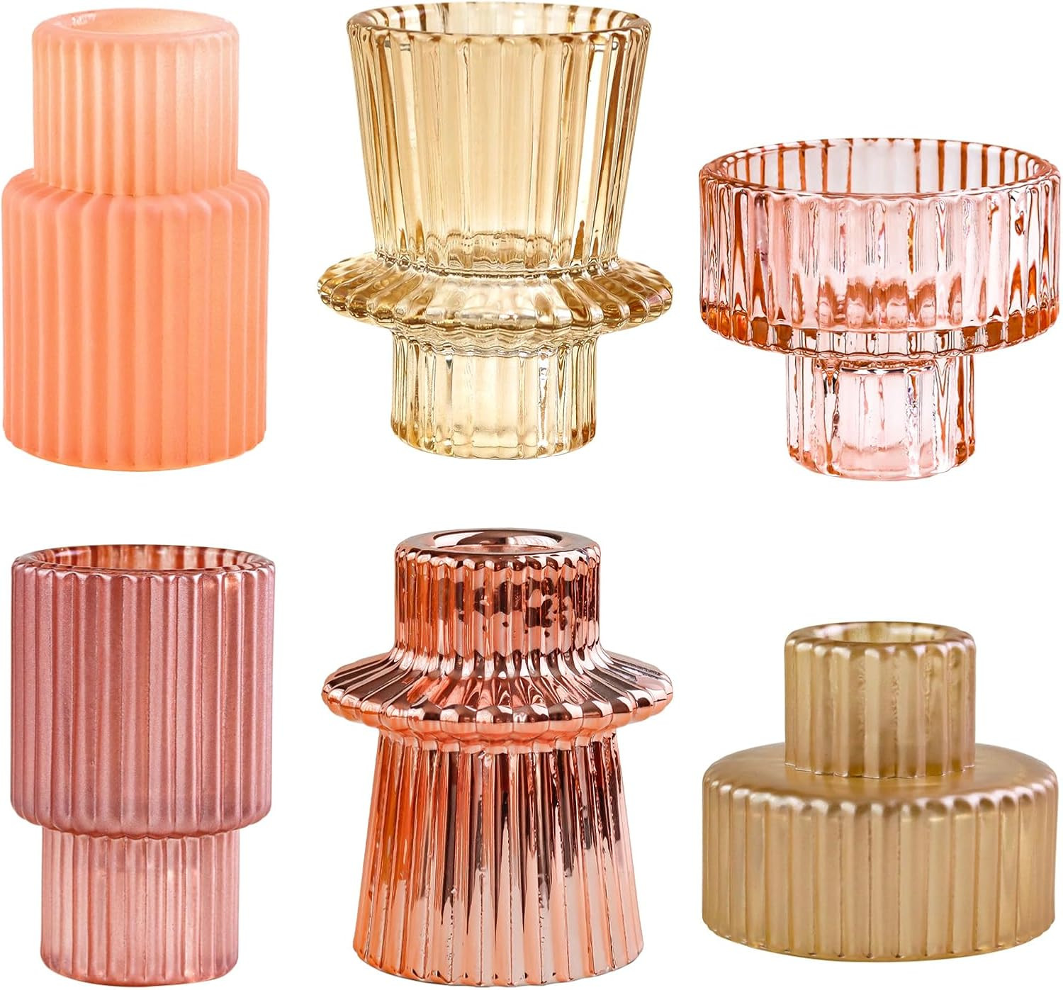 Pink Candlestick Holders 6PCS for Tealight Candle Stick Candles, Ribbed Glass Taper Candle Holder... | Amazon (US)