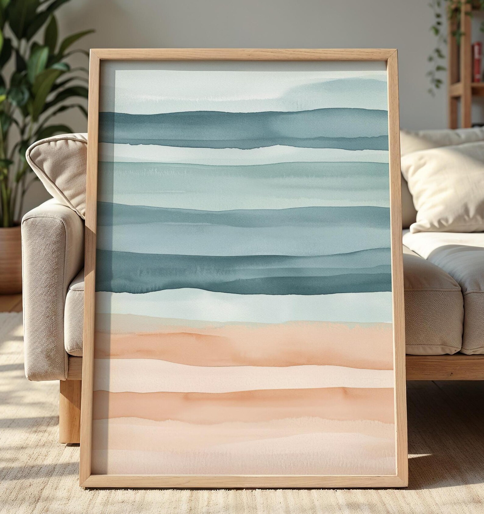 Teal & Peach Abstract Coastal Print: Modern Framed Canvas Art - Etsy | Etsy (US)