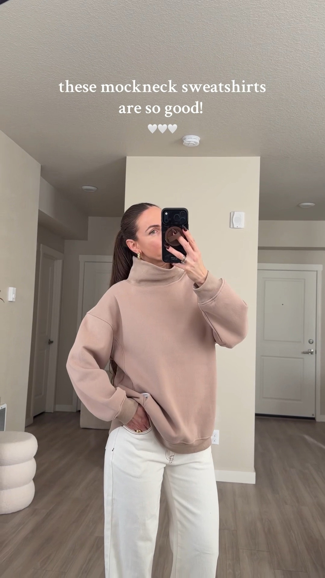 funnel neck sweater.  i'm 5'7 and wearing medium 

got it in four colors to try on .  many more colors available #funnelnecksweater #mocksweater #oversizedsweater