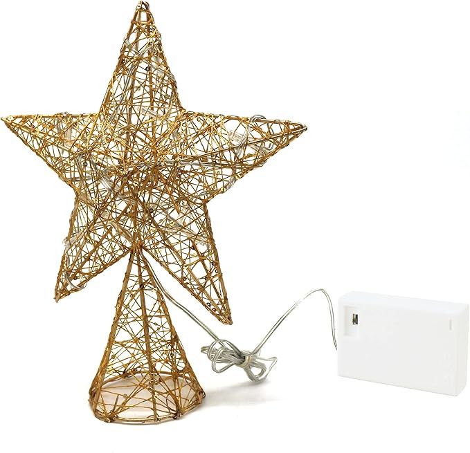 CVHOMEDECO. Gold Tree Top Star with Warm White LED Lights and Timer for Christmas Ornaments and H... | Amazon (US)