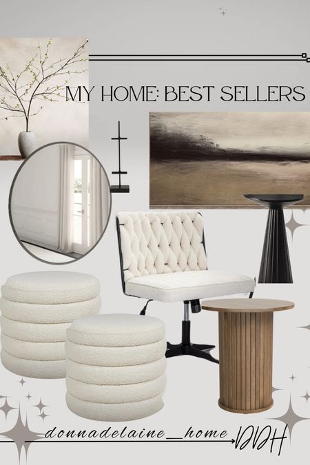 Top sellers in my home: and favorites of mine! 
Cute and comfy office chair, storage ottomans , wood side tables, oversized mirror, digital art, faux minimal stem, affordable art stand 🤍
Modern organic home inspiration 

#LTKFindsUnder50 #LTKHome #LTKFamily