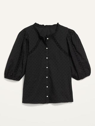 Puff-Sleeve Lace-Trim Clip-Dot Blouse for Women | Old Navy (US)