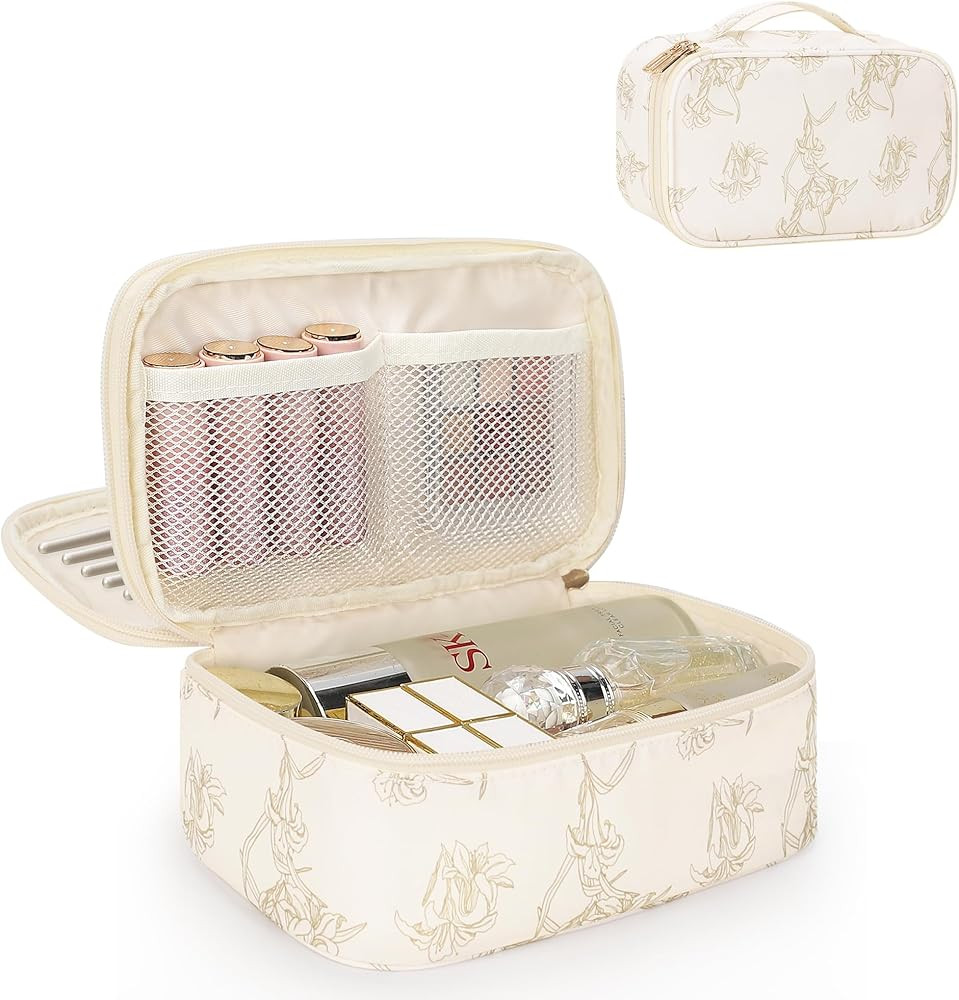 Relavel Travel Makeup Bag, Small Floral Cosmetic Bag with Makeup Brush Compartment, Portable Make... | Amazon (US)