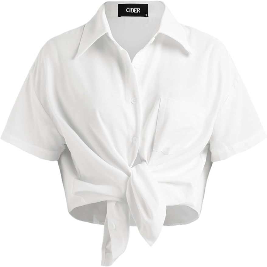 CIDER Collar Solid Knotted Short Sleeve Blouse | Amazon (US)