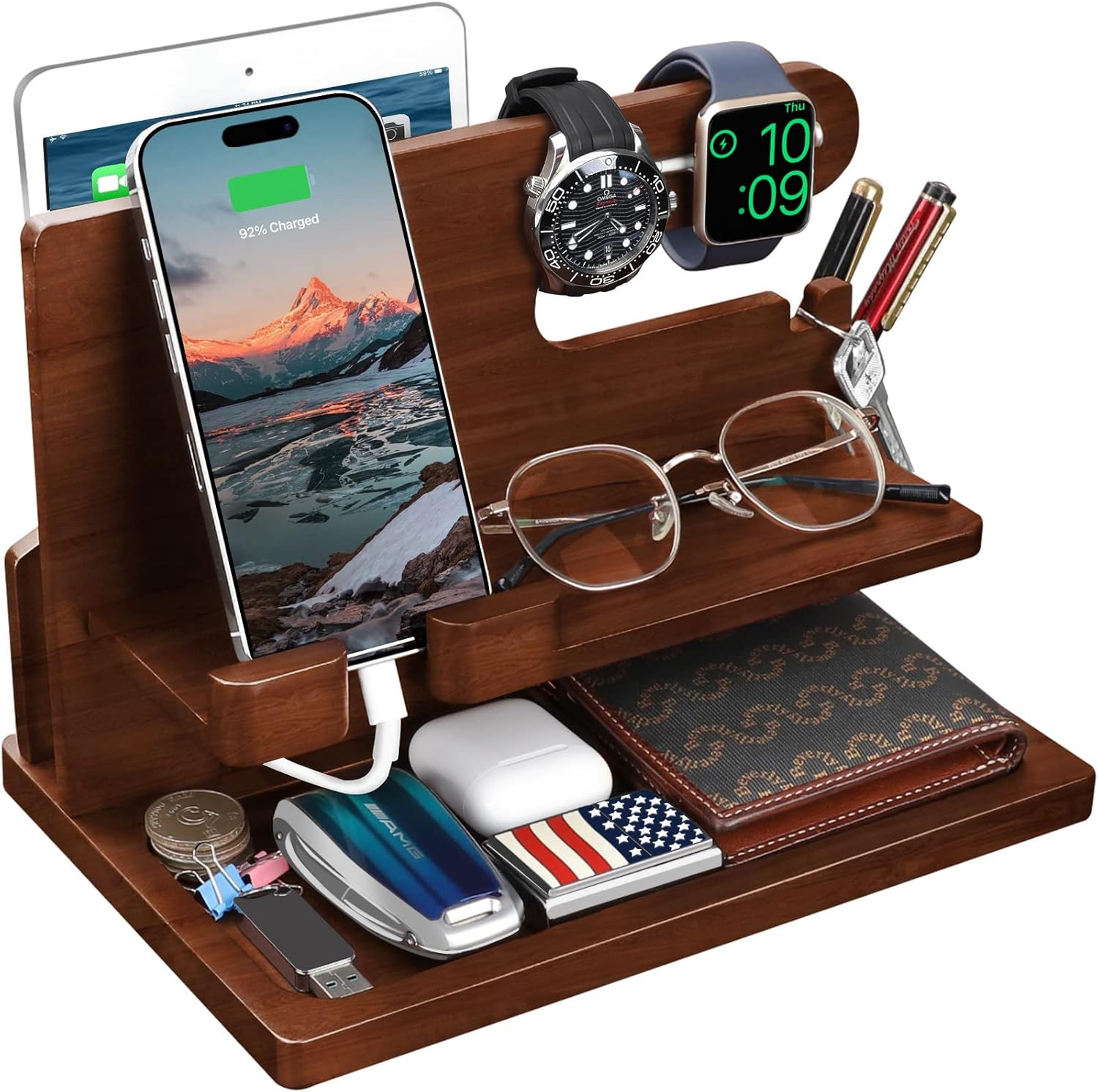 Wood Phone Docking Station - Nightstand Charging Organizer and Cell Phone Stand - Bedside Gift fo... | Amazon (US)