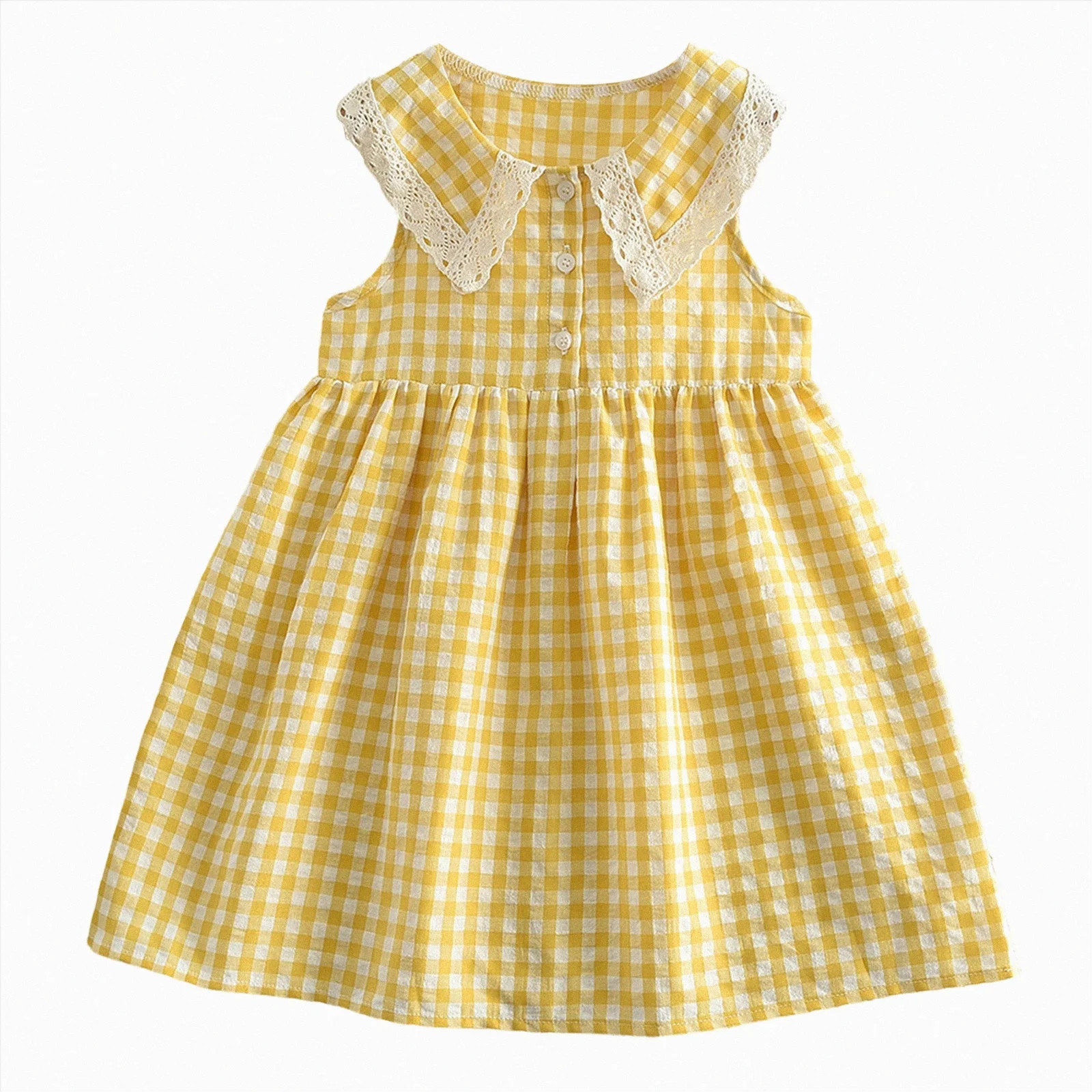 Toddler Girl Gingham Dress Comfy Lace Trim Peter Pan Collar Button Front Casual Summer Dress | Walmart (US)