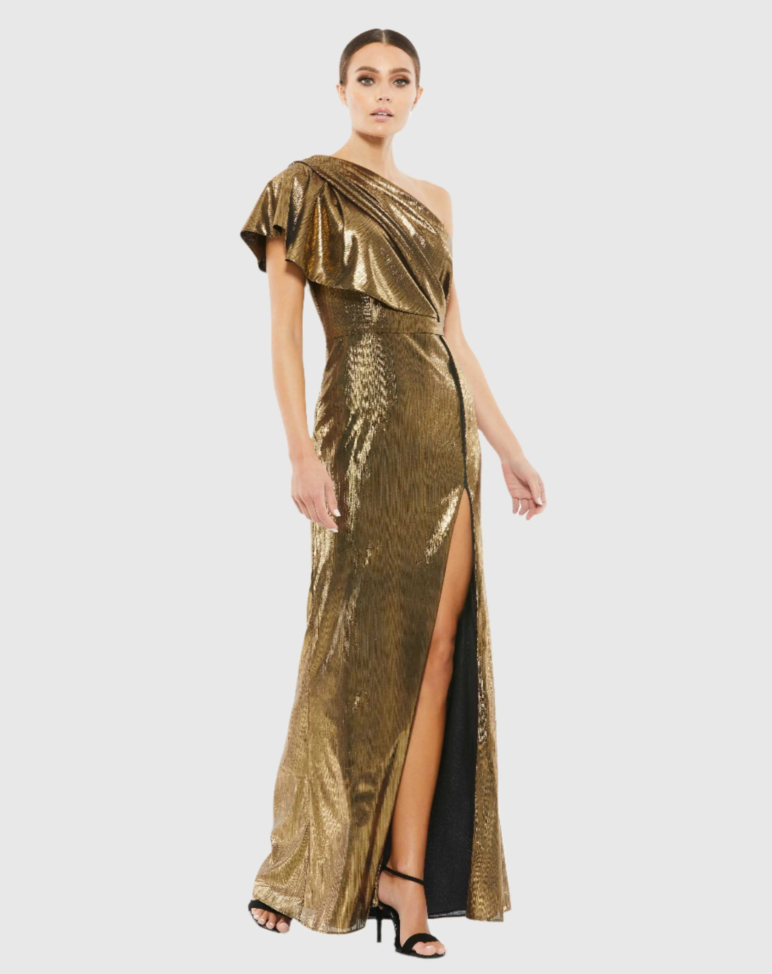 Gold Ruffled One Shoulder Metallic Evening Gown | Mac Duggal | Mac Duggal