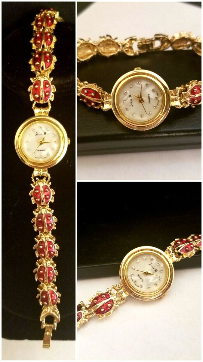 New Ladybug Red Enamel Watch Crystals Jennie B New Battery Gold Tone in Box  | eBay | eBay US