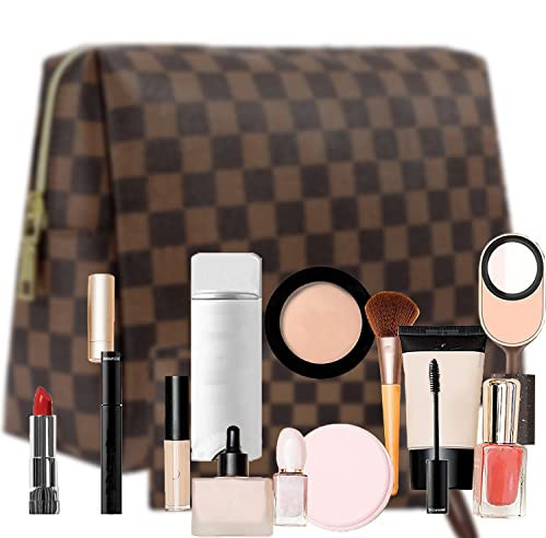 BAGCRAZY Checkered Makeup Bag Set, Elegant Travel Cosmetic Bag 2 Pack, Waterproof PU Leather Makeup Organizer with Zipper for Women | Amazon (US)