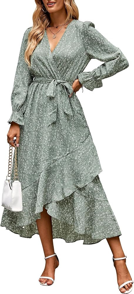 BTFBM Womens Dresses Spring Clothes 2026 V Neck Floral High Waist Ruffle Wedding Guest Cocktail B... | Amazon (US)