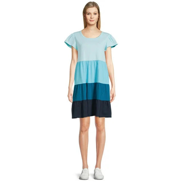 Time and Tru Women's Short Sleeve Tiered Knit Dress | Walmart (US)