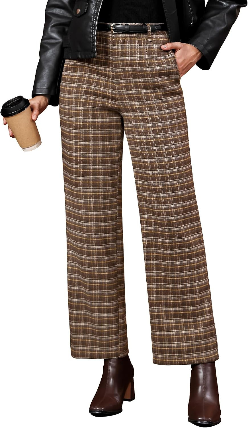 GRAPENT Plaid Pants for Women Wide Leg High Waisted Tartan Work Business Casual Elastic Waist Trousers Pants with Pocket | Amazon (US)
