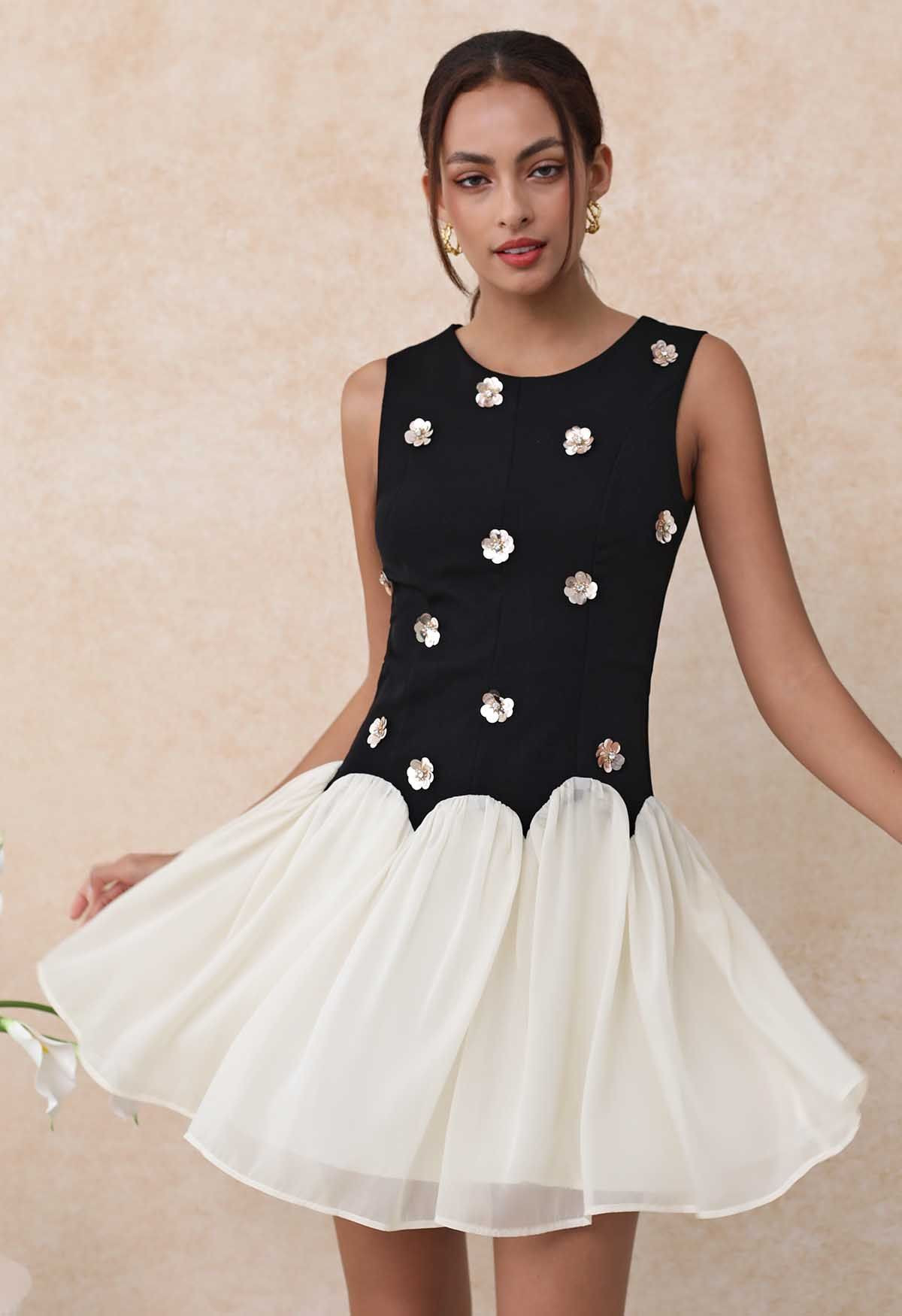 Sequined Flower Organza Spliced Sleeveless Mini Dress | Chicwish