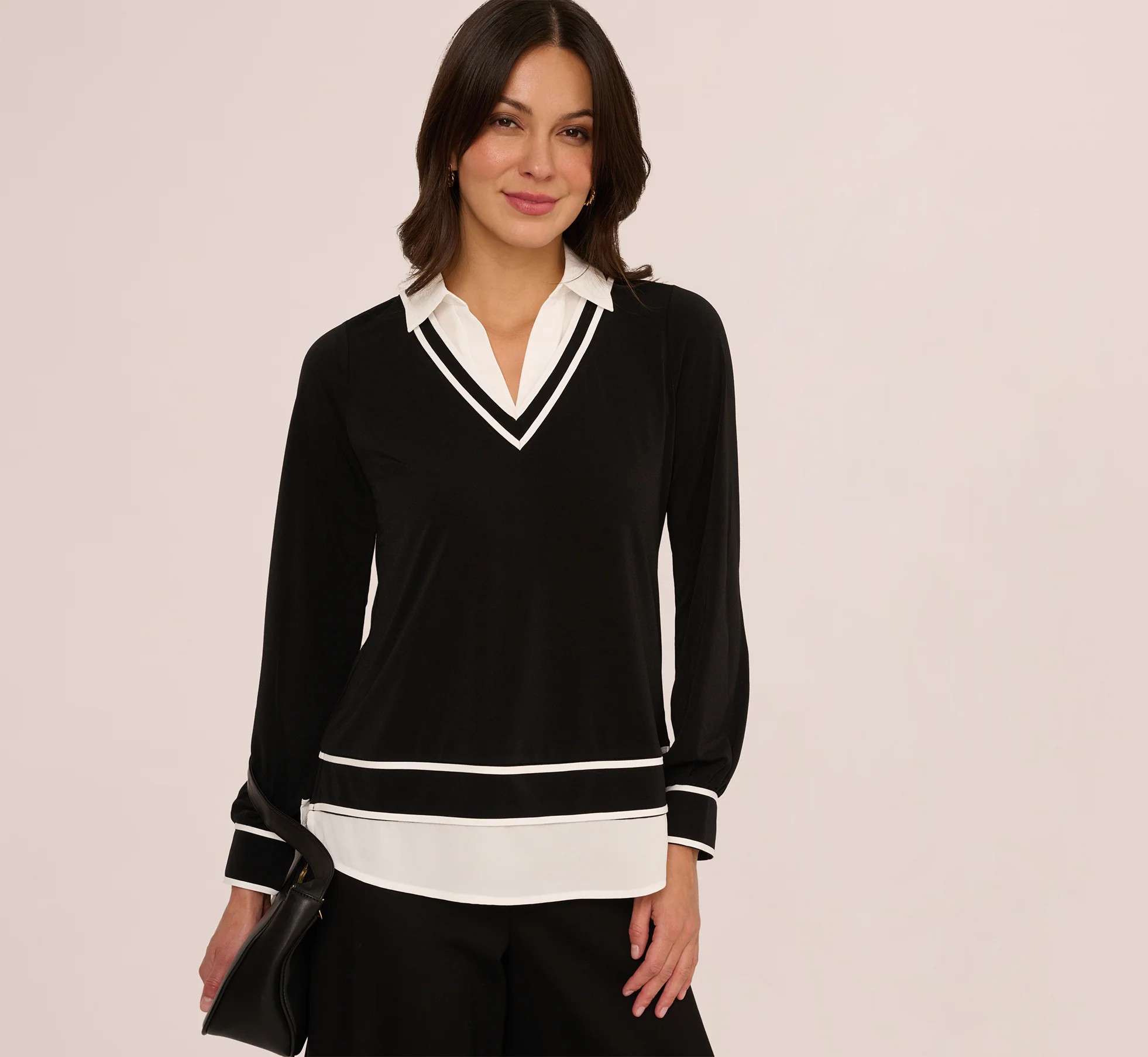Long Sleeve Collared Twofer Tipped Sweater In Black Ivory W Ivory | Adrianna Papell