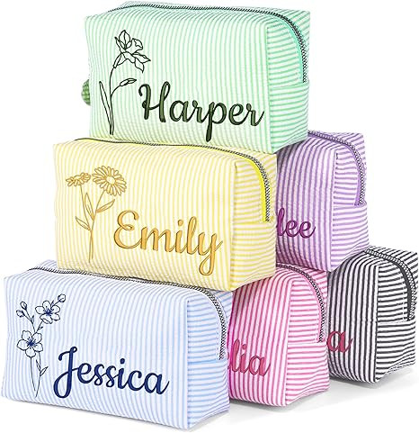Personalized Seersucker Makeup Bag with Embroidered Name,Custom Small Cosmetic Bag Travel Toiletr... | Amazon (US)
