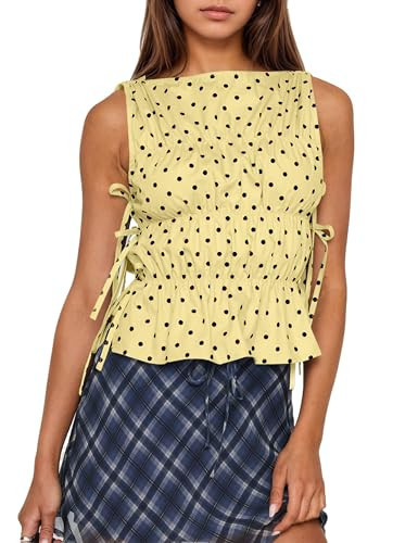 calbatic Women Polka Dot Sleeveless Peplum Tops Side Bow Tie Ruched Smocked Tank Tops Boat Neck Summer Going Out Shirts Yellow | Amazon (US)