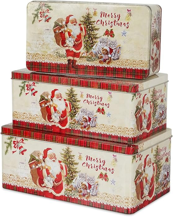 Putuo Decor Christmas Cookie Tin Box with Lids, Rectangle Santa Food Storage Gift, Set of 3 Nesti... | Amazon (US)