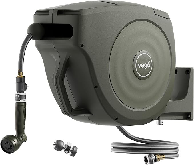Vego Garden Hose Reel Retractable Hi-Flow x 100ft Wall Mounted Hose Reel Automatic Rewind, Any Le... | Amazon (US)