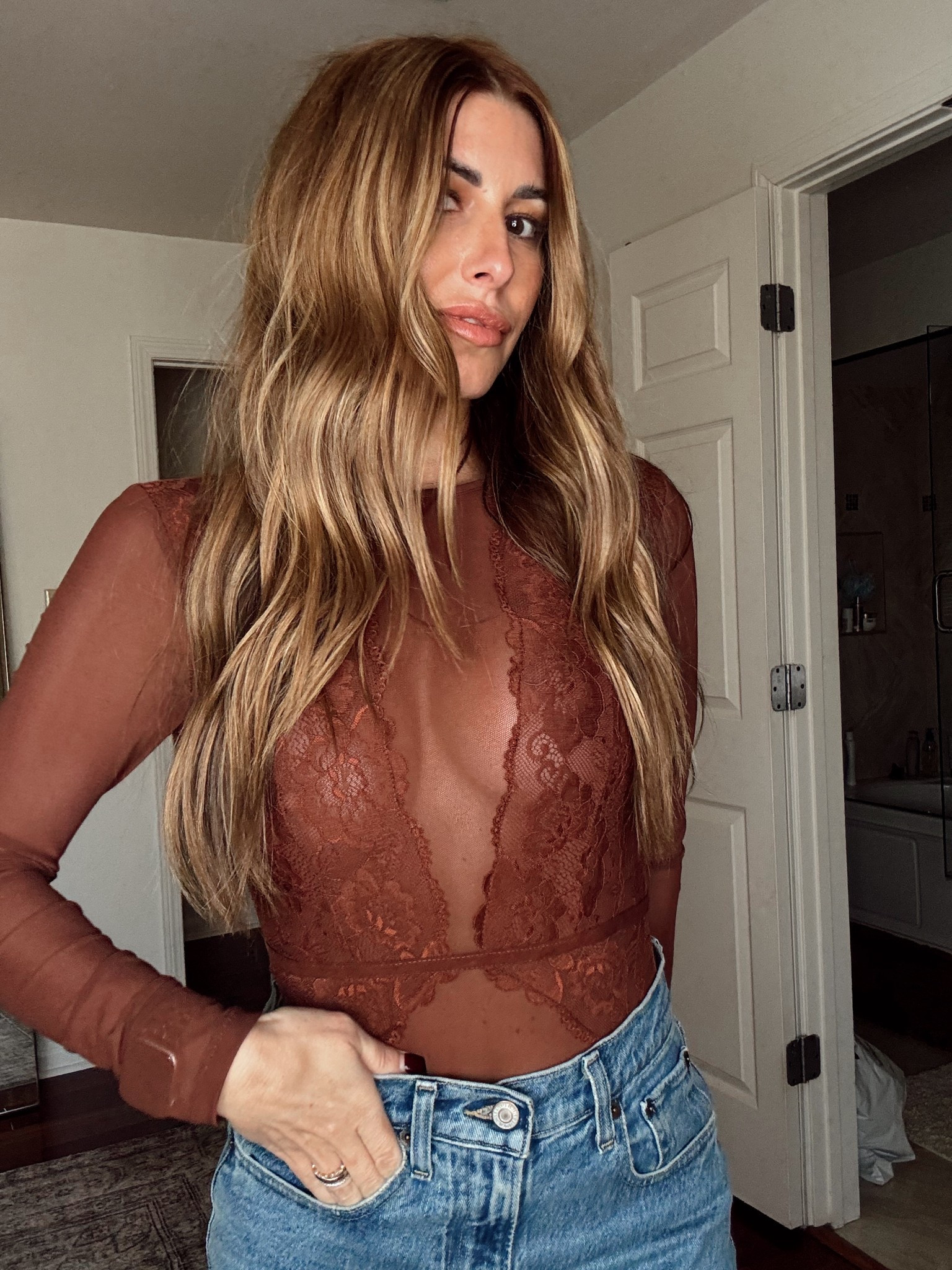 Lace bodysuit 

#LTKPetite #LTKValentine #LTKootd