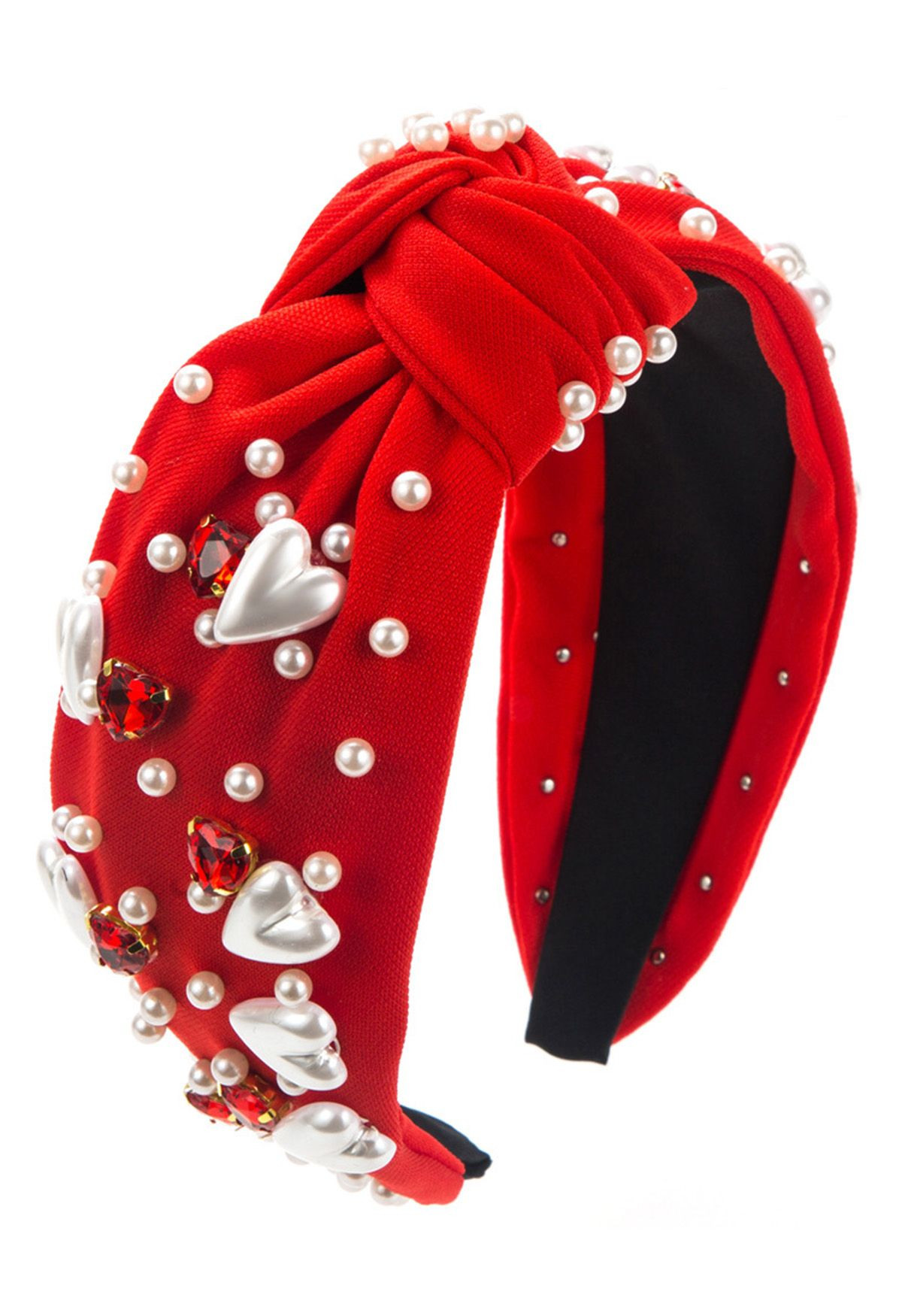 Heart Rhinestone Pearl Knotted Headband in Red | Chicwish
