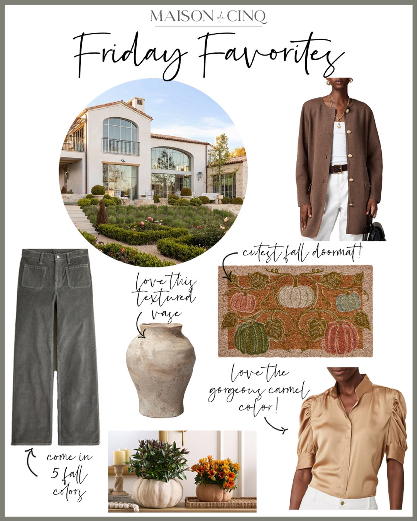 So many great finds this week for Friday Favorites including a gorgeous Frame blouse dupe, chic fall corduroys, cutest fall doormat and more!

Home decor, fall decor, rustic vase, fall outfit, sweater, sweater coat, pants 

#LTKHome #LTKSeasonal #LTKFindsUnder50