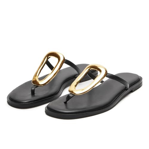 Wnshonzy Flip-Flops for Women Flat Sandals Black Slip On Slides Leather Beach Comfort Open Square Toe Ladies Slipper Dressy Metal Hardware Decoration Summer New Shoes Casual Fashion Flip Flop, 6 | Amazon (US)