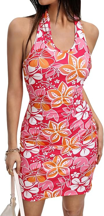 Floerns Women's Sleeveless Halter Backless Tie Back Floral Bodycon Mini Dress | Amazon (US)