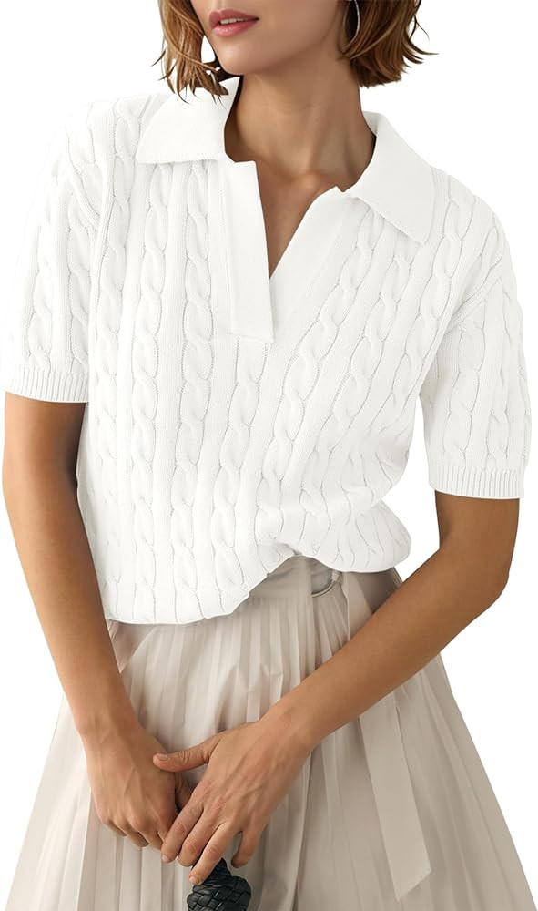 Womens Short Sleeve Sweater Tops Cable Knit Casual Summer V Neck Polo Shirts | Amazon (US)