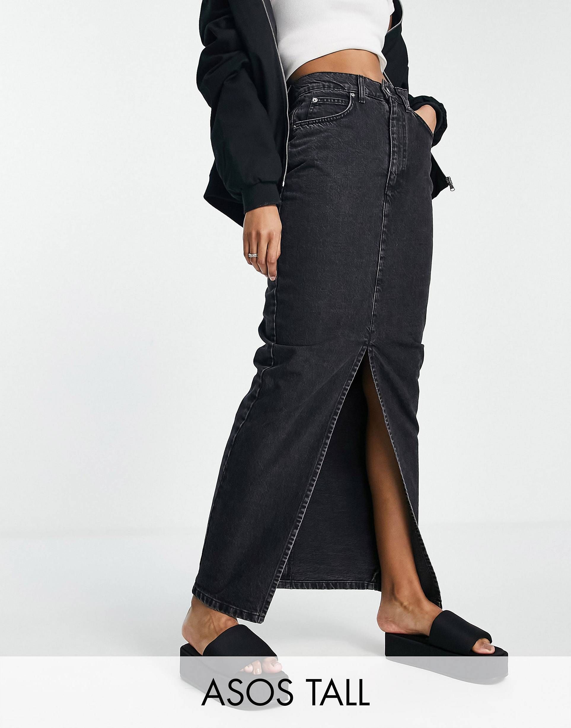 ASOS DESIGN Tall organic denim 90s maxi skirt in washed black | ASOS (Global)