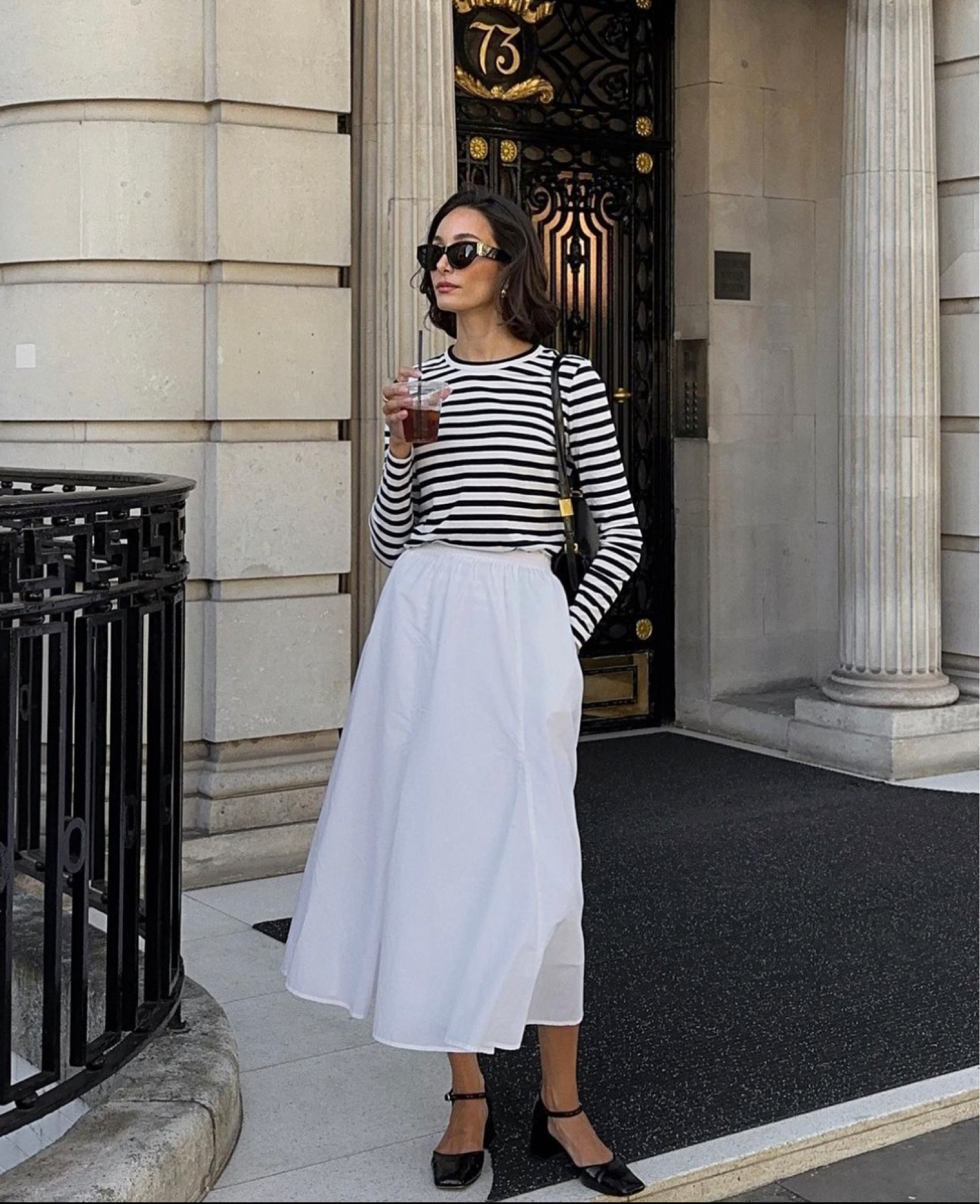 Black and white striped top, white maxi skirt, monochrome outfit, YSL sunglasses, autumn outfit, transitional style, autumnal styling, black and white outfit, smart casual outfit, work outfit ideas 

#LTKSeasonal #LTKeurope #LTKstyletip