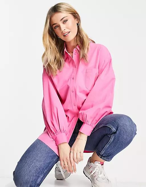 Miss Selfridge poplin oversized shirt in pink | ASOS (Global)