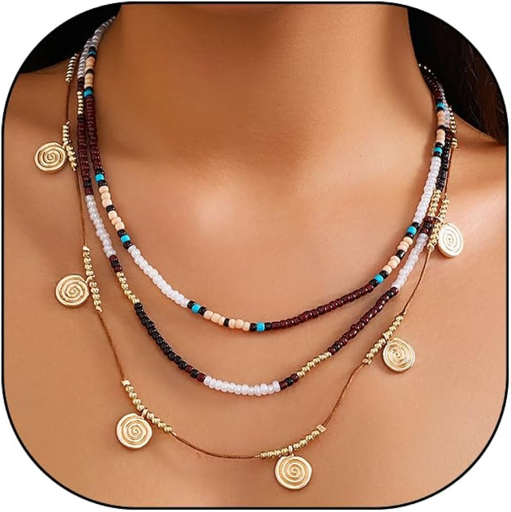 GIGB PBDK Bohemian Layered Rice Bead Necklaces,Retro Star Butterfly Colored Wax Rope Choker Neckl... | Amazon (US)