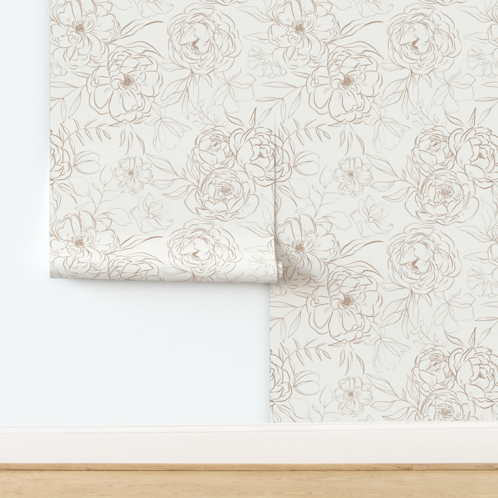 Wallpaper in Large / Sketch Peonies in Latte on Off-White | Spoonflower