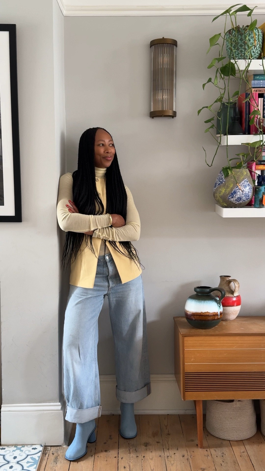 Spring fling outfit wide leg jeans long waist coat casual chic look