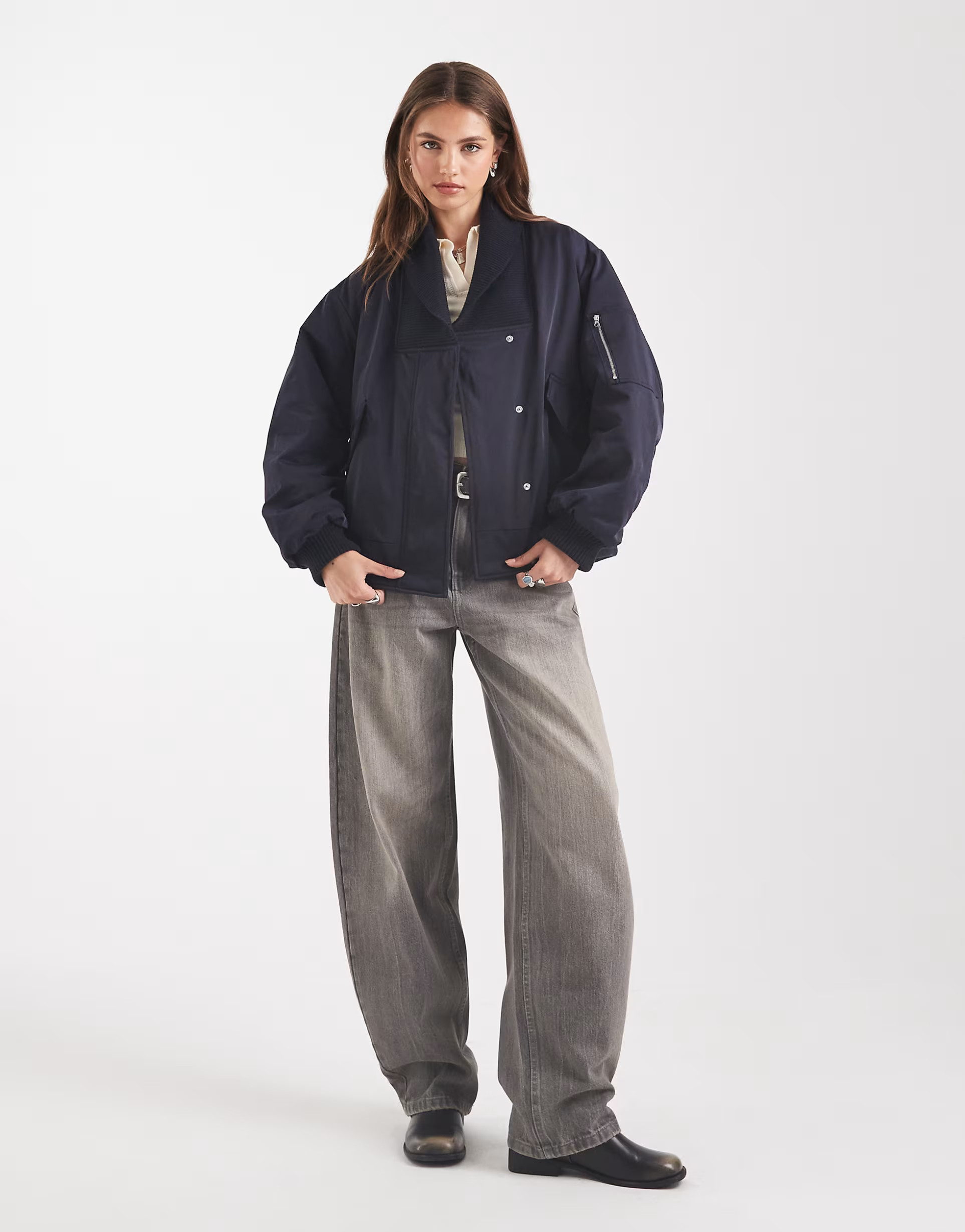 ASOS DESIGN knitted collar bomber jacket in navy | ASOS (Global)