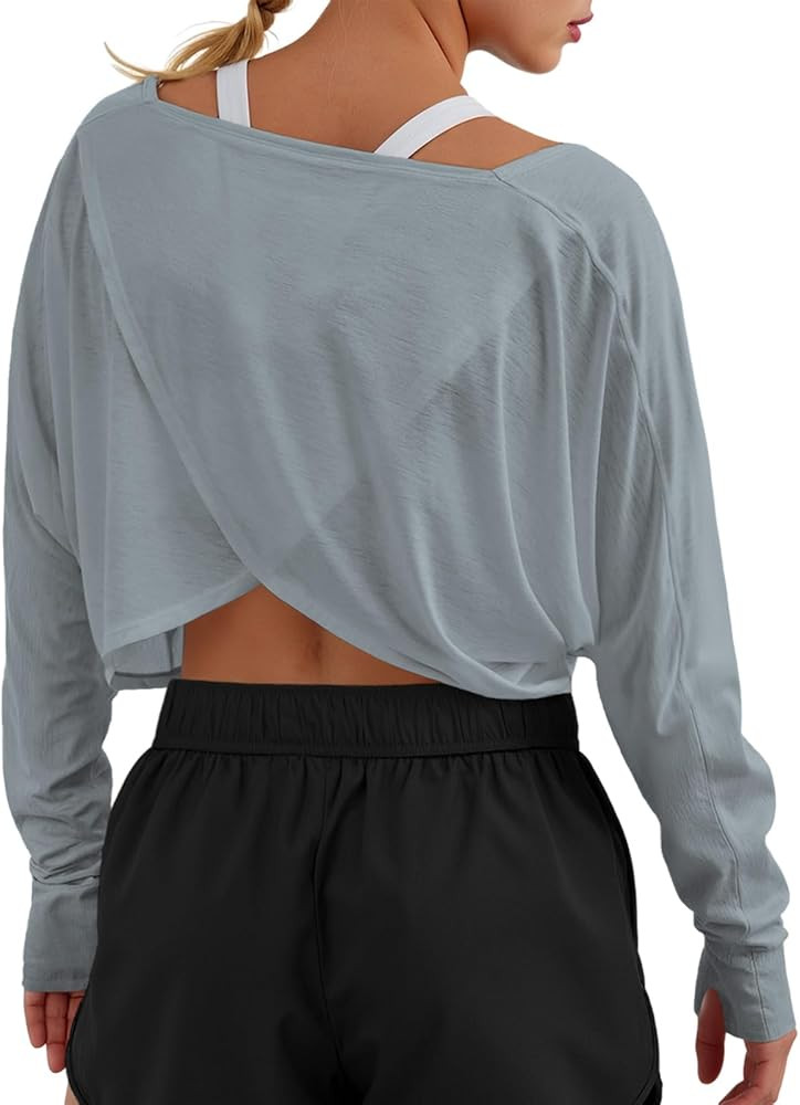 Fisoew Womens Long Sleeve Workout Tops Athletic Shirts Cropped Crossover Back Loose Running Gym T... | Amazon (US)