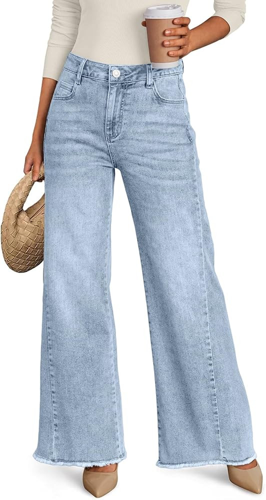 Trendy Queen Women's Wide Leg Jeans, Relaxed Loose with Raw Hem Pants | Amazon (US)