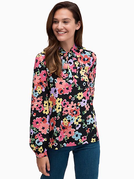 Kate Spade Floral Bouquet Blouse, Black Multi - Small | Kate Spade Outlet