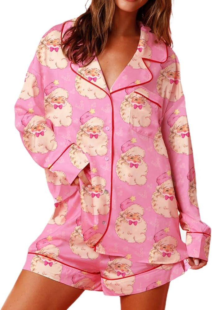 Amiblvowa Christmas Pajama Set Women 2 Piece Long Sleeve Button Down Santa Bow Shirt Shorts Match... | Amazon (US)
