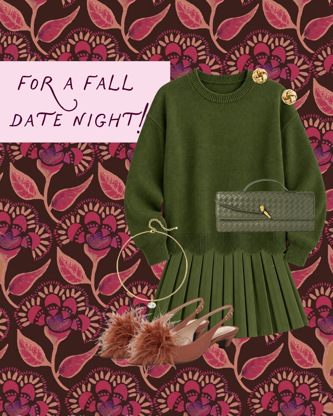 Fall date night outfit inspiration! 💚 I’m loving this gorgeous olive green sweater and pleated skirt combination for a chic, monochromatic look that feels so perfect for fall. The feather-trimmed heels, woven clutch, and gold accessories add the prettiest finishing touches for a fun, dressed-up evening!

#LTKOOTD #LTKSeasonal #LTKOver40 #LTKDateNight #LTKStyleTip