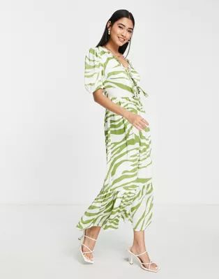 Never Fully Dressed zebra print midi dress in green | ASOS (Global)