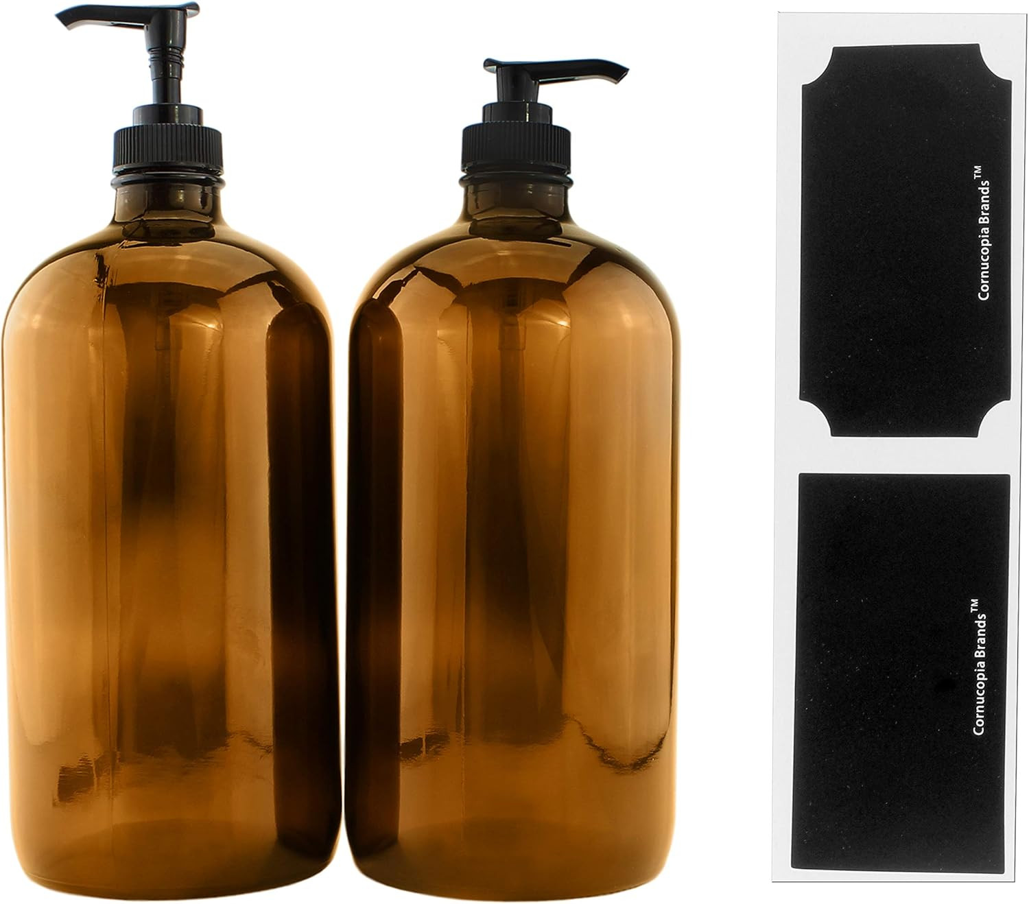 32-Ounce Amber Glass Lotion Pump Bottles (2-Pack); Quart Size Brown Bottles w/Black Plastic Soap,... | Amazon (CA)