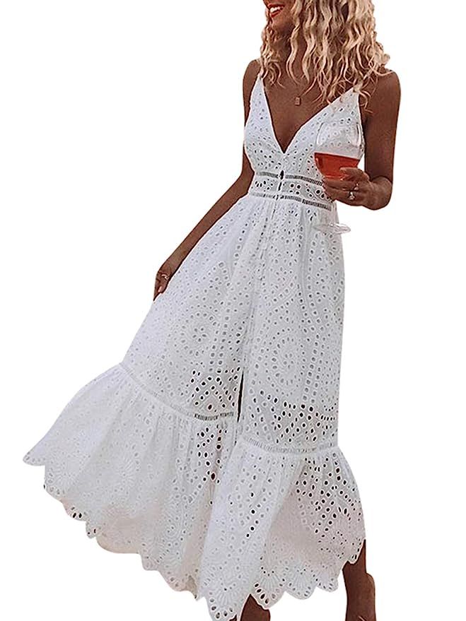 BerryGo Women's Embroidery Pearl Button Down Dress V Neck Spaghetti Strap Maxi Dress | Amazon (US)