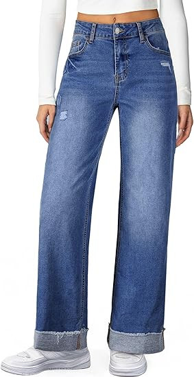 Sidefeel Women's Fleece Lined Jeans High Waisted Wide Leg Stretchy Distressed Straight Leg Loose ... | Amazon (US)