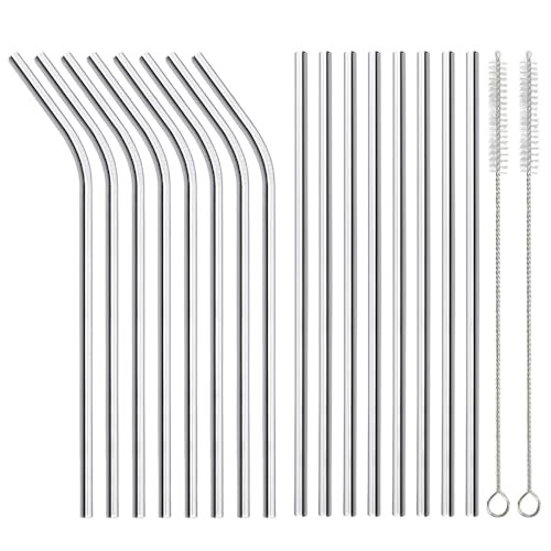 ANNVCHI 16 Pack of Reusable Stainless Steel Metal Straws, 8 Straight + 8 Bent 8.5 inch Metal Straws with 2 Cleaning Brushes, Straw Compatible with 20oz Stanley Cup | Amazon (US)