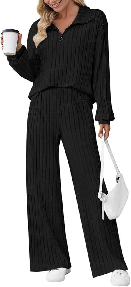 JUSTFASHIONNOW Womens 2 Piece Outfits Ribbed Knit Lounge Sets Cozy Half Zip Sweatsuit Sets Wide Leg Jogger Tracksuits | Amazon (US)