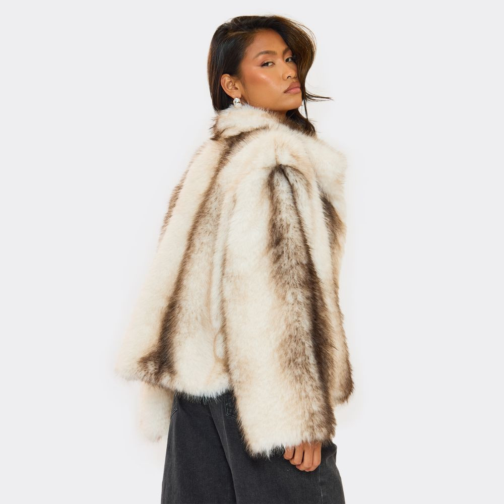 Collared Jacket In Cream And Brown Striped Faux Fur | EGO (UK)